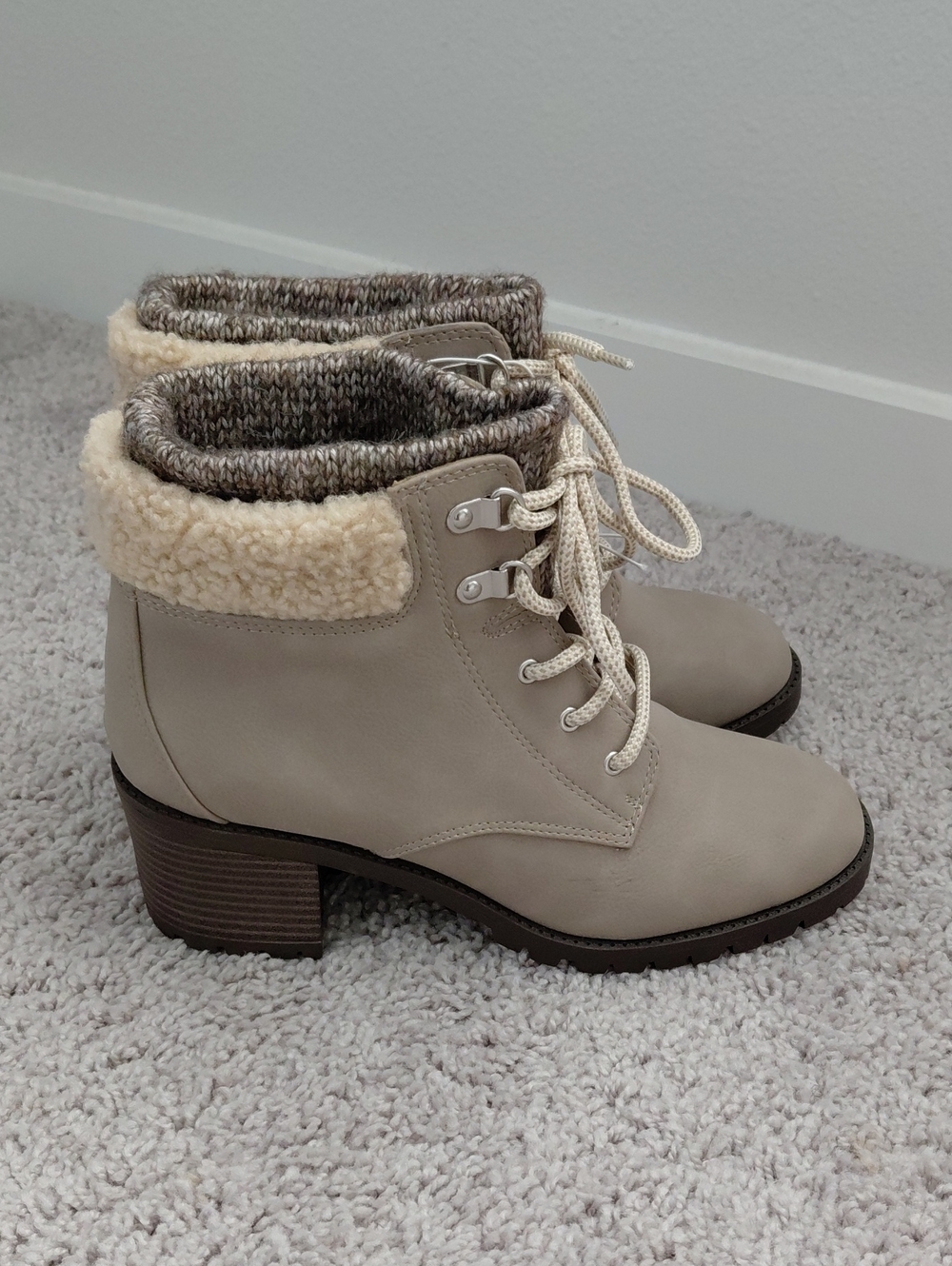 Market & Spruce Taupe Lace-Up Faux Shearling Ankle Boots